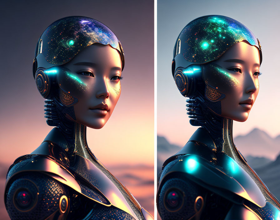 Female Android Artwork: Cosmic Headpiece & Futuristic Design