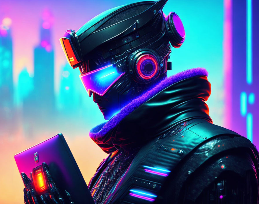 Futuristic cyberpunk character with neon visor and headphones in vibrant cityscape