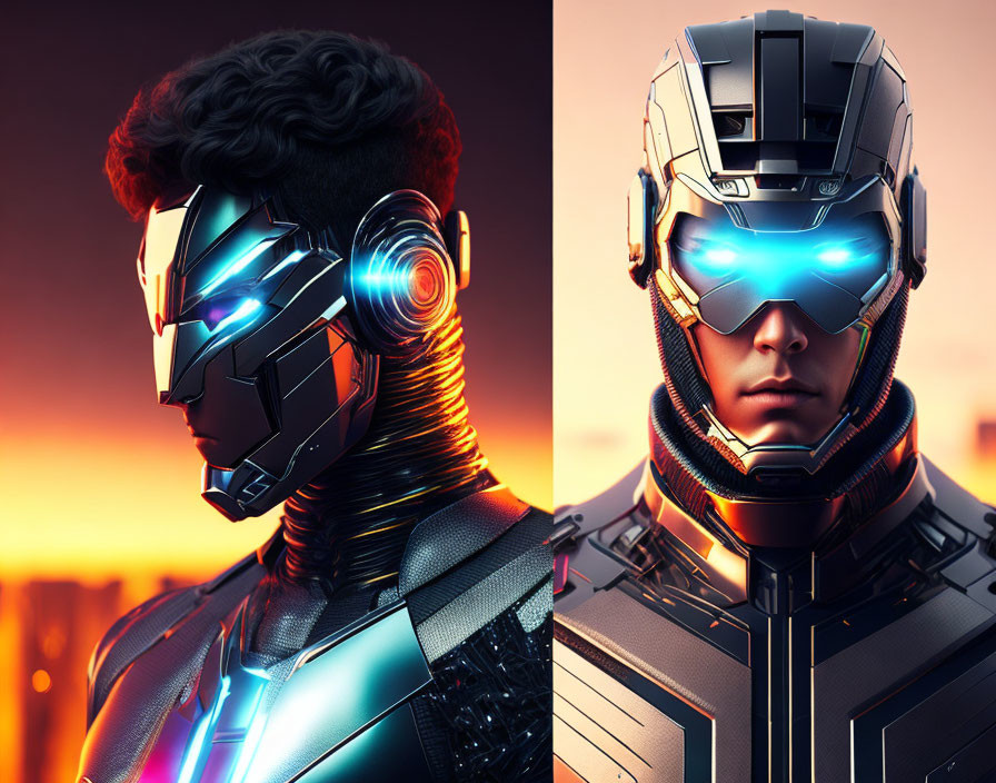 Futuristic split image of two characters with glowing helmets and tech-enhanced suits