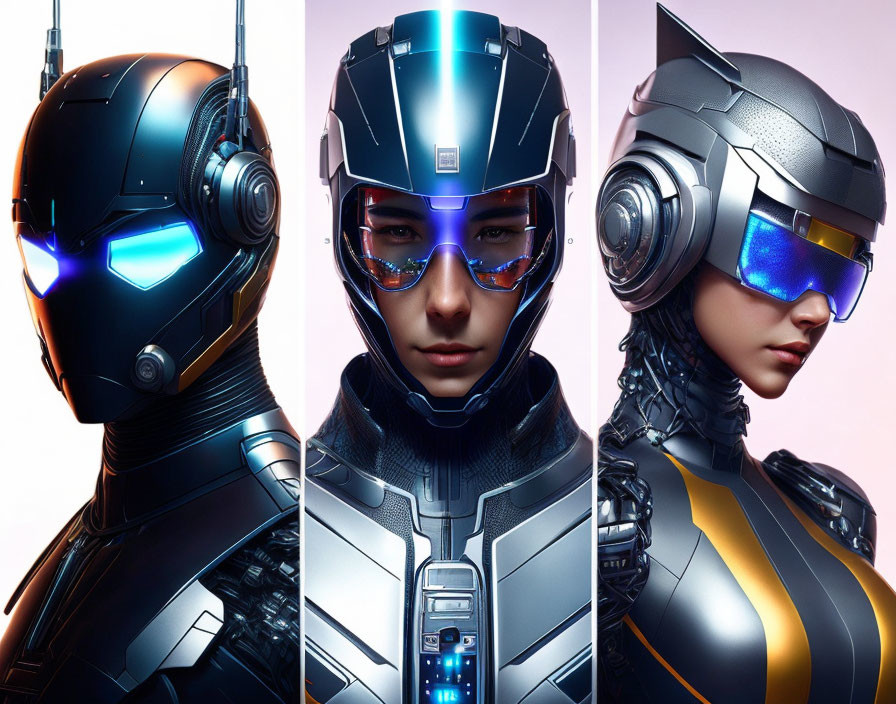 Progressive portraits of a person in futuristic suit and helmet with opening visor