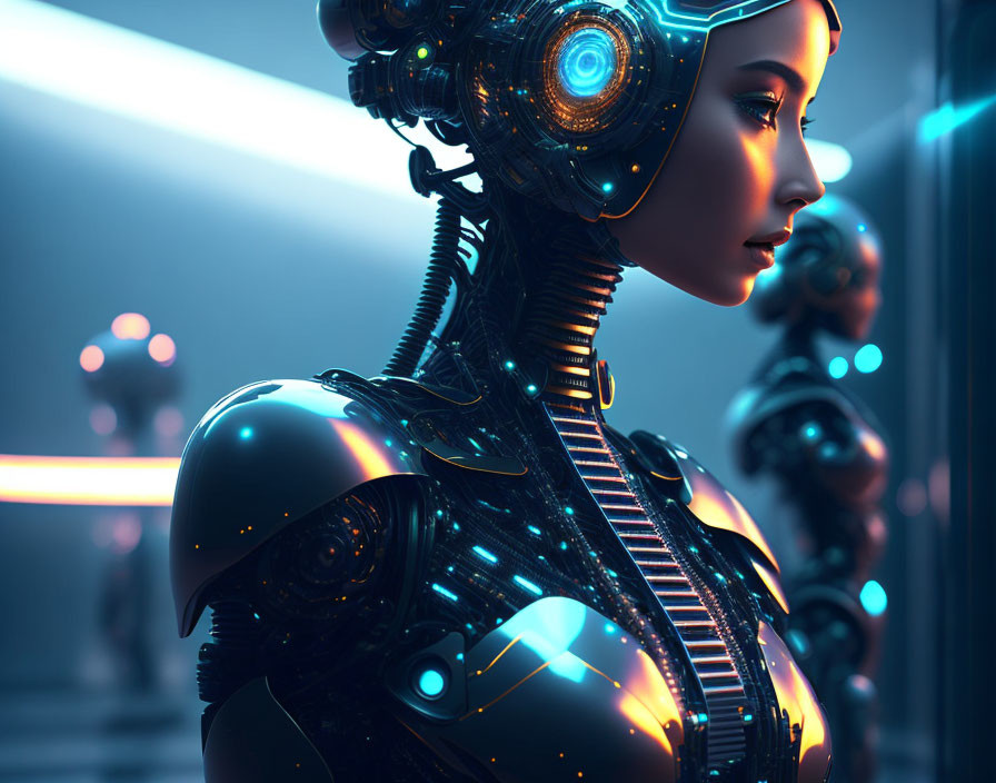 Futuristic robot with intricate designs and blue lights on sci-fi backdrop