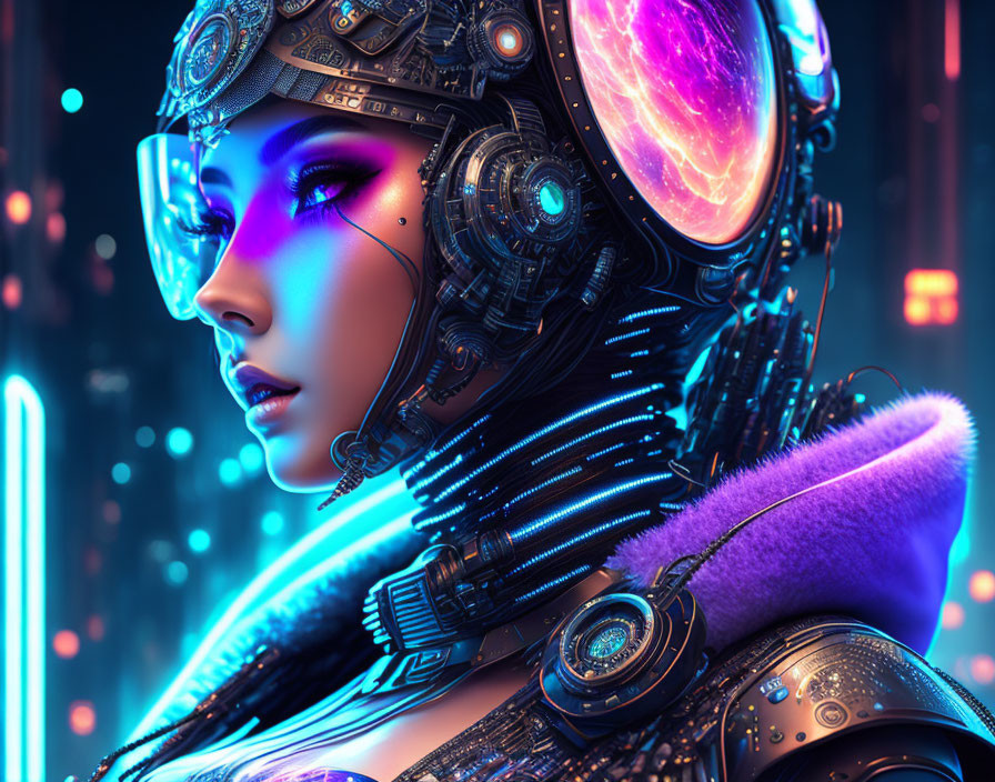 Cyborg Female with Intricate Headgear and Purple Glowing Accents