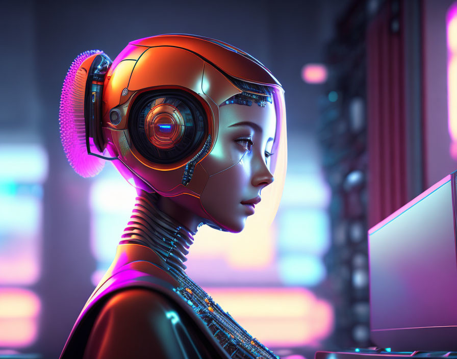 Futuristic female robot with advanced headgear and neck circuits gazes at computer screen