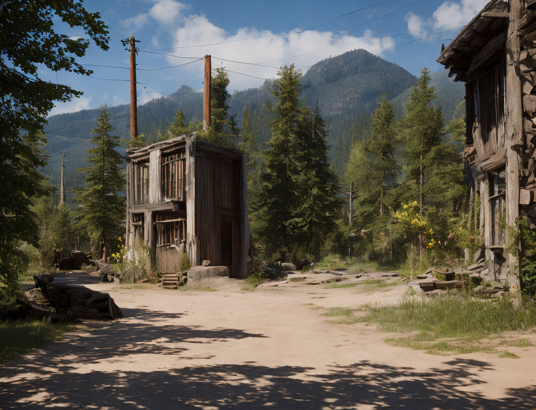 Abandoned ghost town in forested mountains