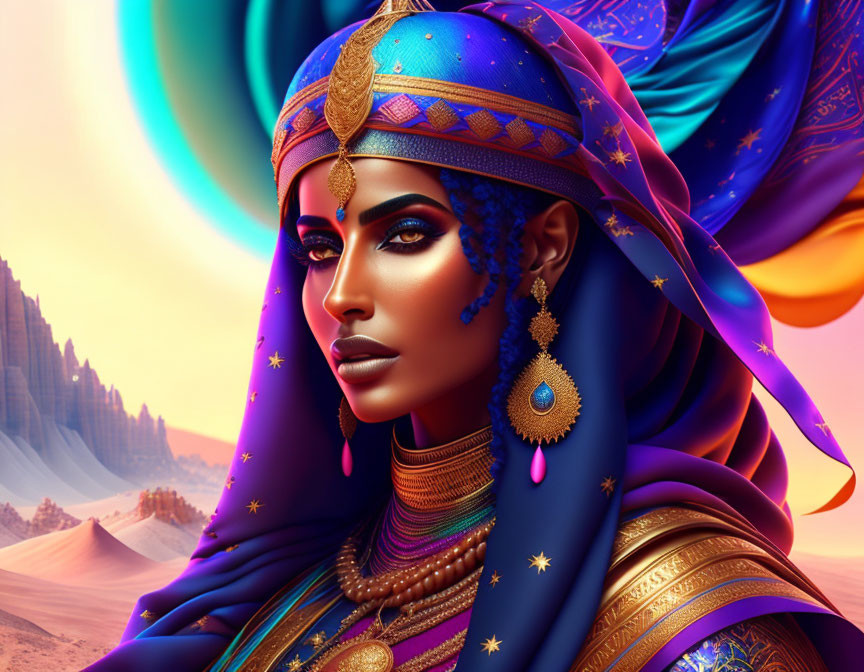 Digital artwork: Woman in royal blue and gold attire with desert backdrop