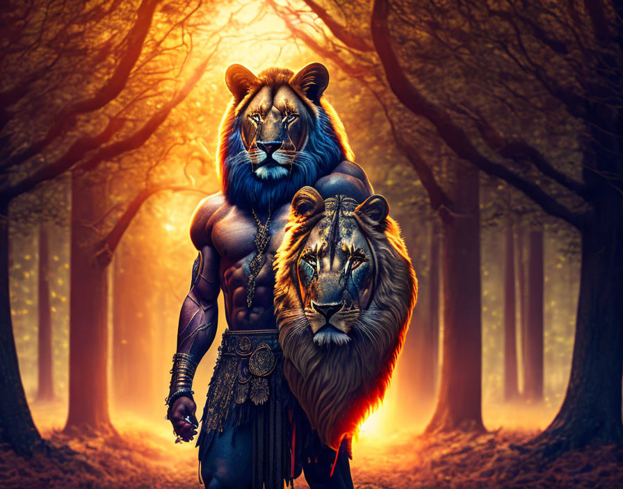 Person with lion head in mystical forest holding torch with lion