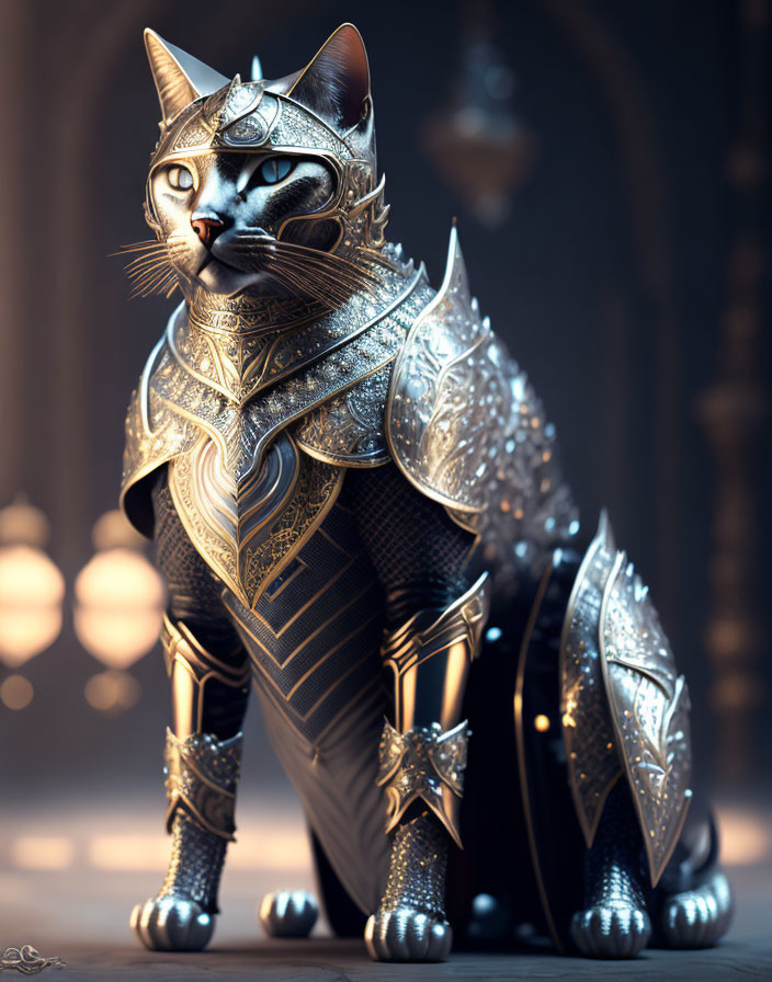 Regal cat in silver armor with helmet & breastplate