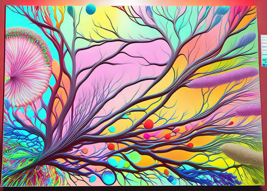 Colorful Tree Branch Artwork Against Gradient Sky