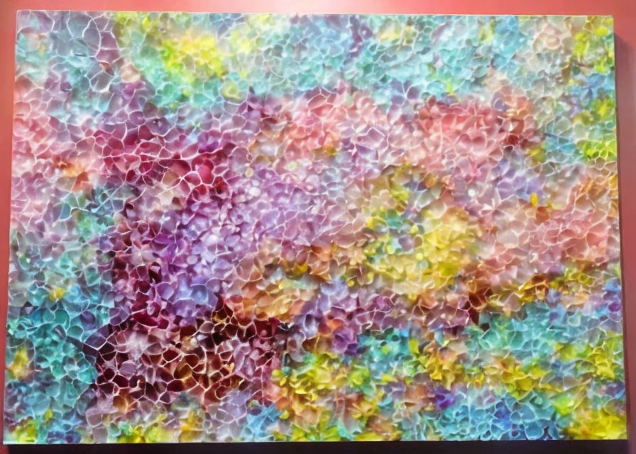 Colorful Abstract Painting with Crackled Textures in Pink, Purple, Green, and Blue