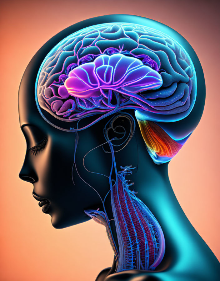 Colorful Human Profile with Brain, Spinal Cord, and Neck Muscles on Gradient Background