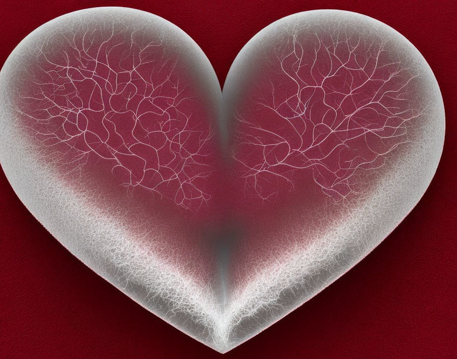 Heart-shaped object with vein-like pattern on red background