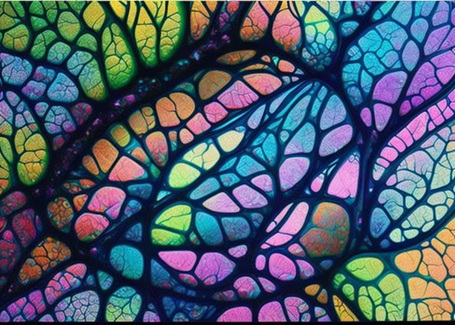 Colorful leaf-like structure with intricate patterns in purples, blues, greens, and yellows