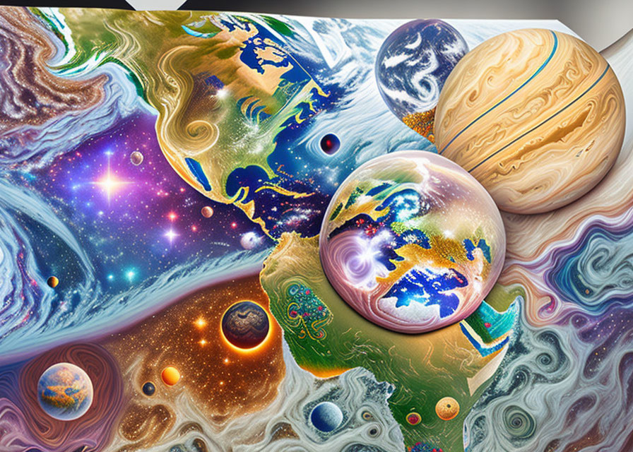 Colorful cosmic artwork featuring planets and stars in vibrant swirls.