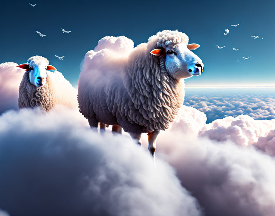 Sheep with fluffy wool on clouds in surreal sky