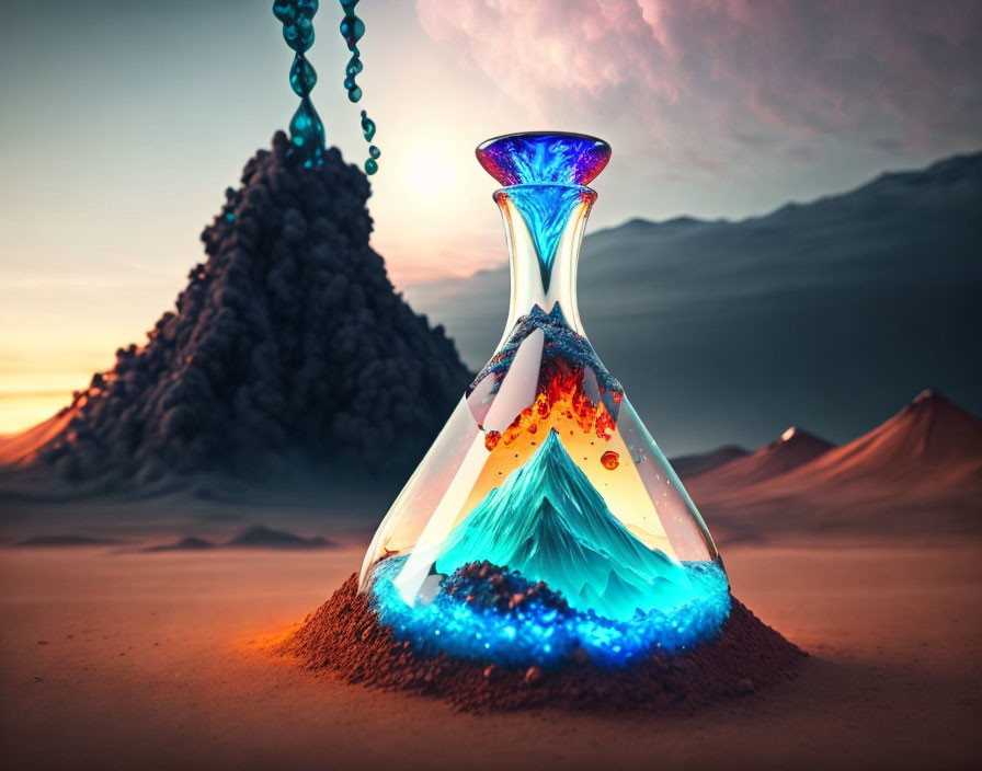 Hourglass with miniature erupting volcano in desert setting against surreal blue chain mountain