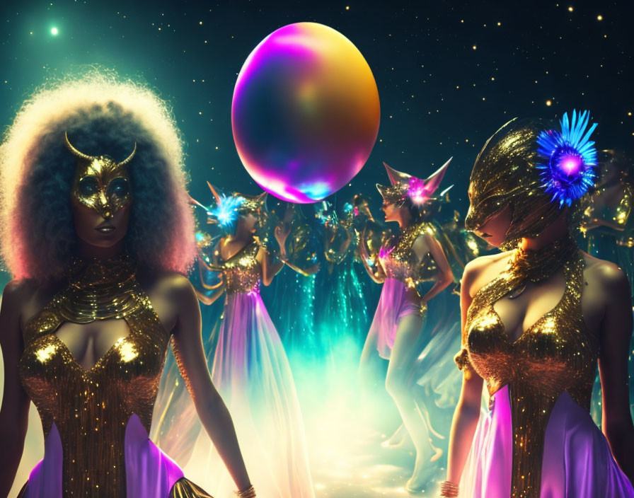 Mystical golden figures in cosmic setting with glowing orbs