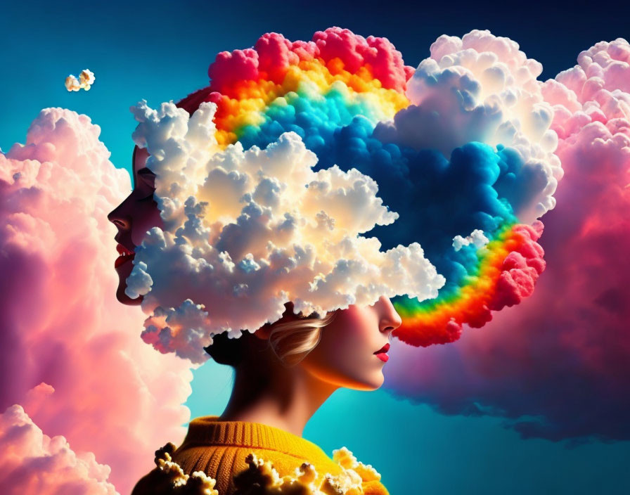 Vibrant clouds replace woman's head in surreal rainbow scene