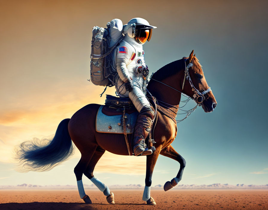 Astronaut on horse in desert landscape combining space and equestrian themes