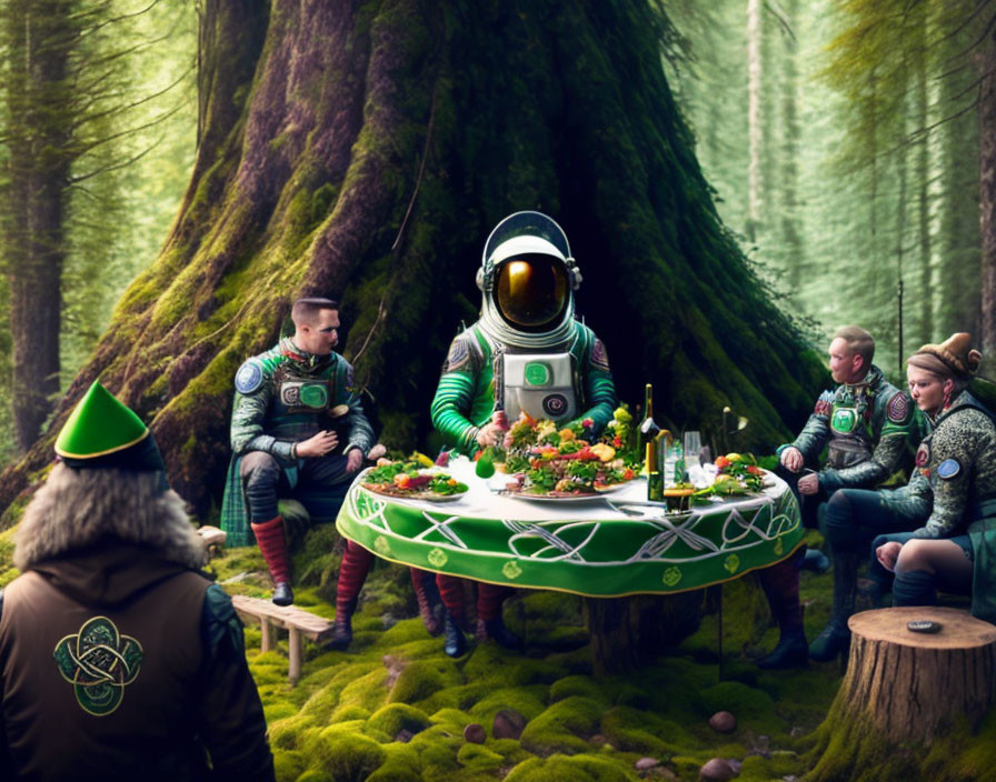 People in spacesuits dining at circular table in lush forest