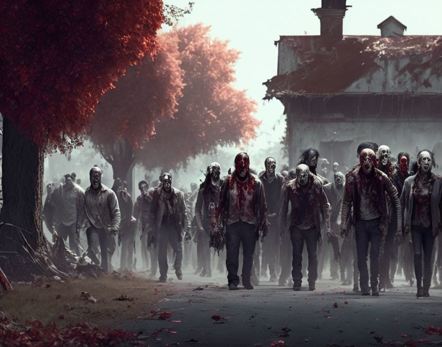 Post-apocalyptic scene: zombies in a street with red-leaved tree