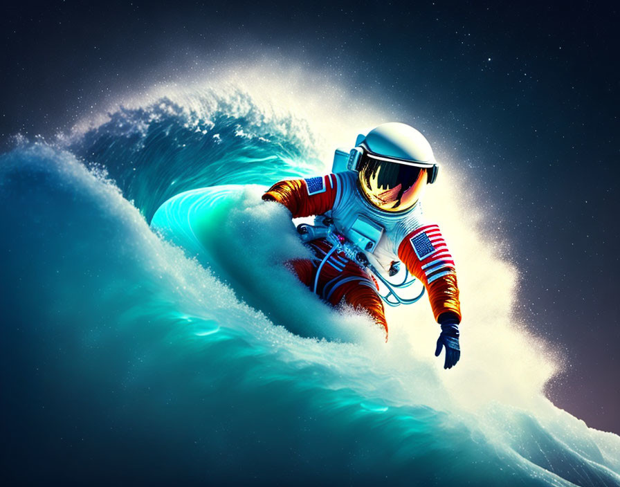 Astronaut surfing a blue wave under starry sky