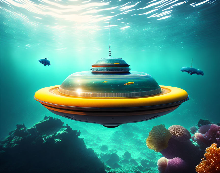 Futuristic submarine in underwater scene with coral and marine life