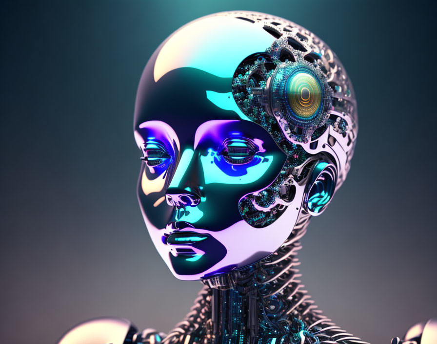 Futuristic humanoid robot head with exposed mechanical parts on gradient background