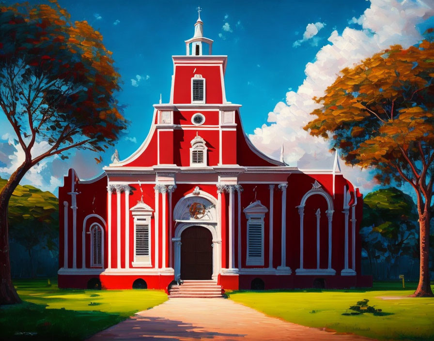 Red Church Painting with White Accents and Lush Trees