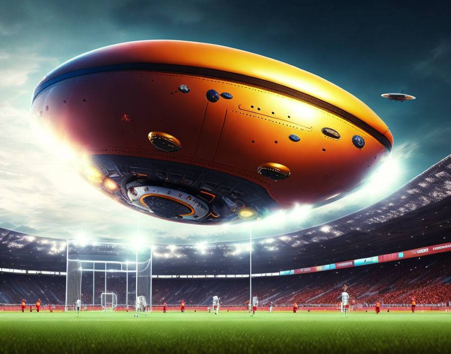 Futuristic spaceship over soccer stadium with players and lights