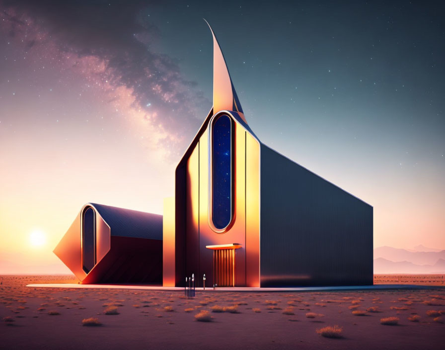 Modern chapel-style building in desert sunrise or sunset