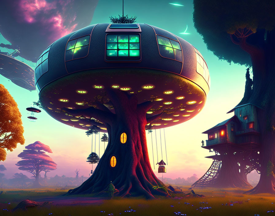 Whimsical illustration of futuristic dome house in alien landscape