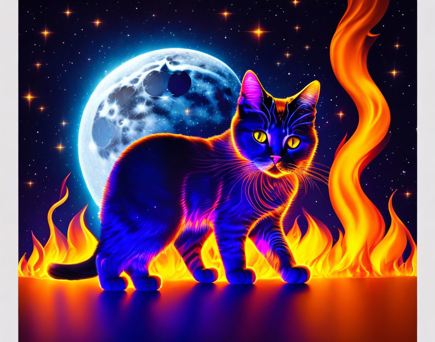 Neon glowing cat with flames backdrop and full moon.