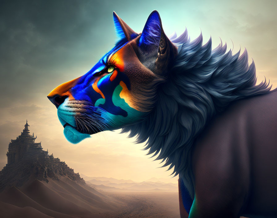 Vibrant lion digital art with blue and orange hues in desert setting