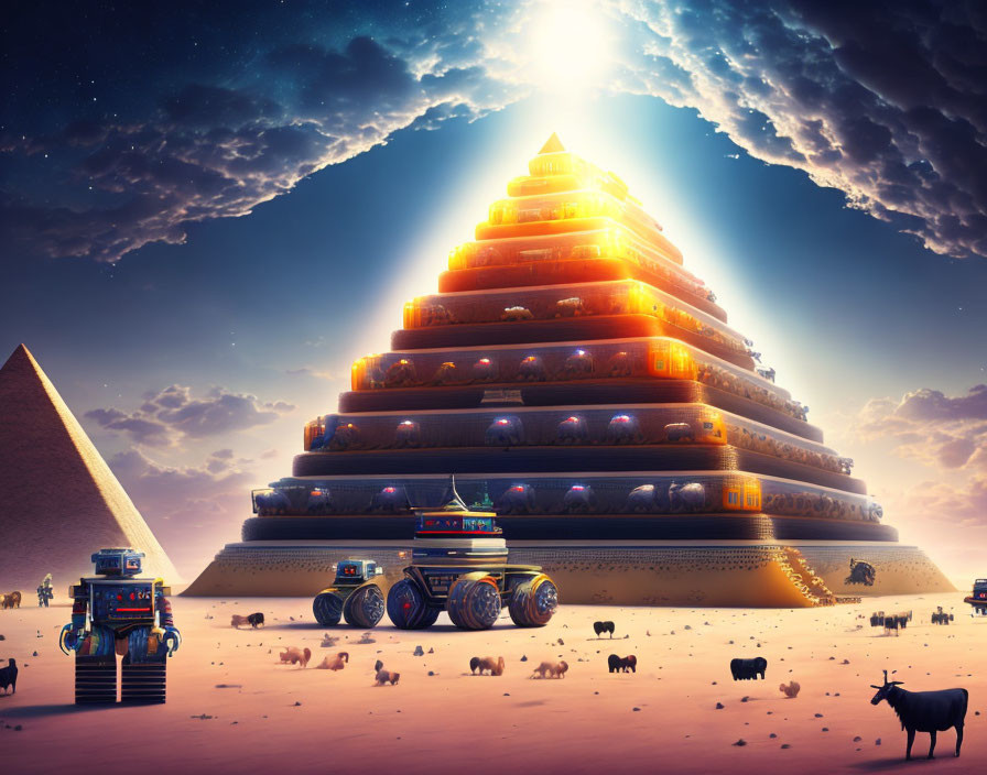 Fantastical glowing pyramid next to traditional one with futuristic vehicles and cattle.