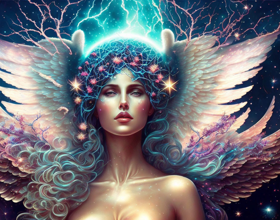 Ethereal woman with angel wings and glowing brain-like crown in digital artwork