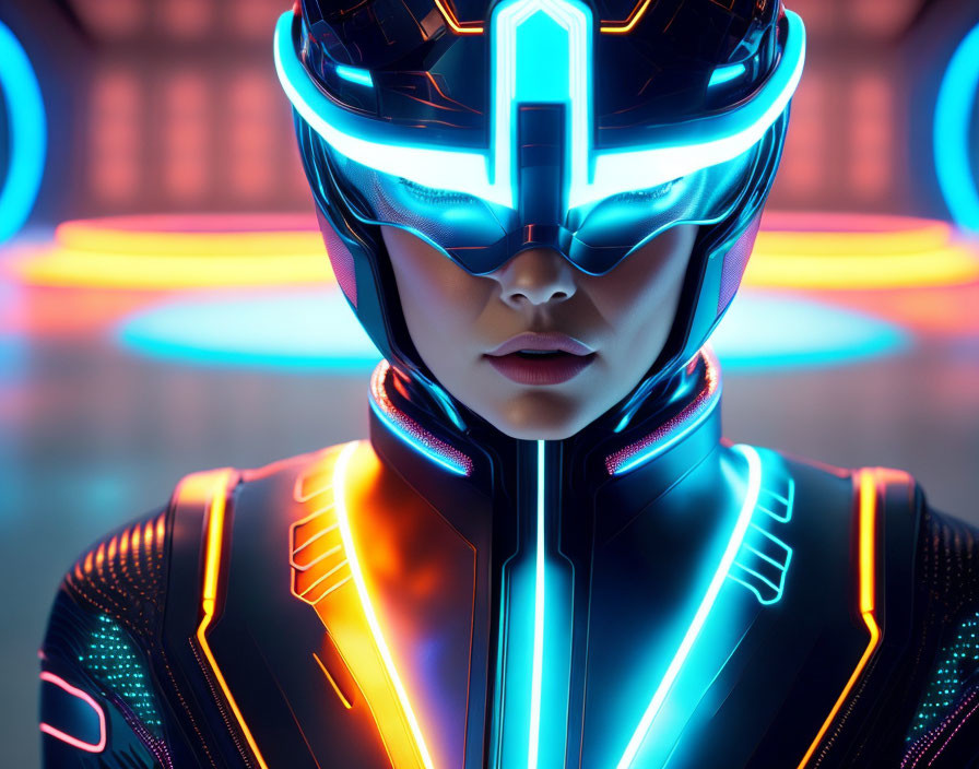 Female character in glowing cyberpunk suit against neon backdrop