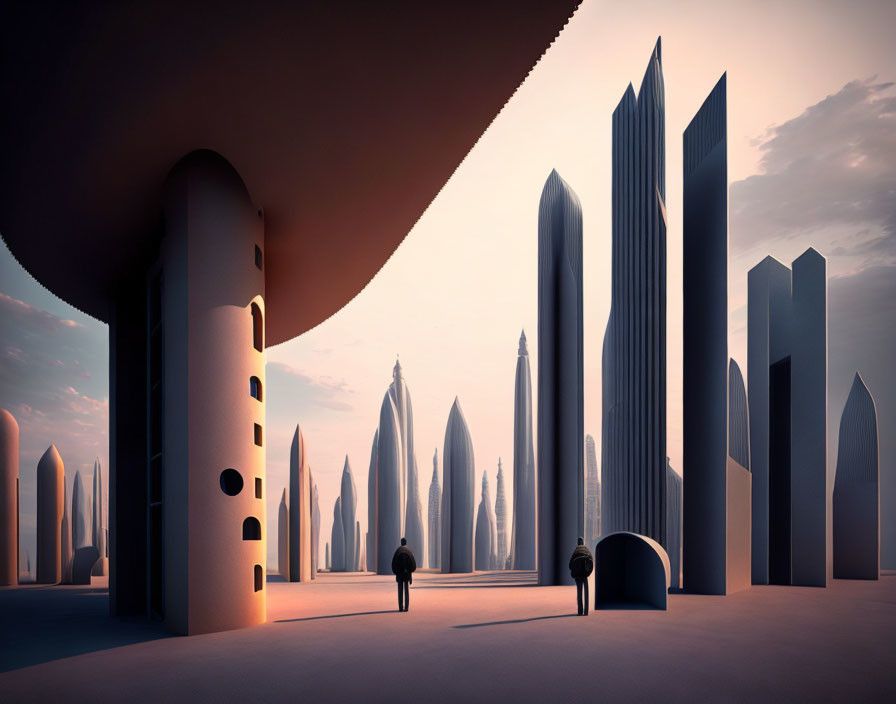 Futuristic cityscape at dawn with towering buildings and silhouetted figures