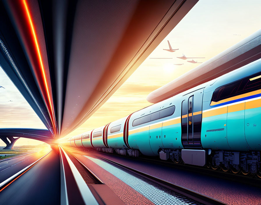 High-speed train and planes at sunrise depicting rapid transit.