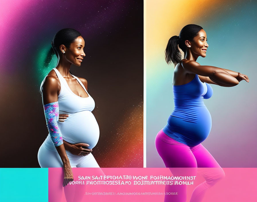 Pregnant woman in split image with different outfits and backdrops