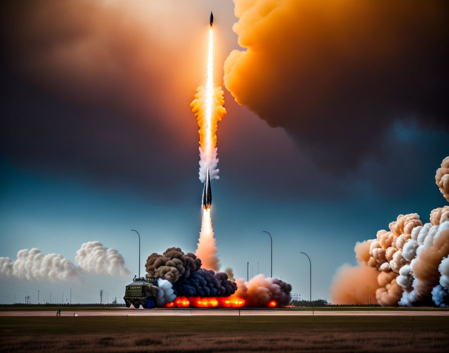 Rocket Launches Through Dramatic Clouds and Fire in Stormy Sky