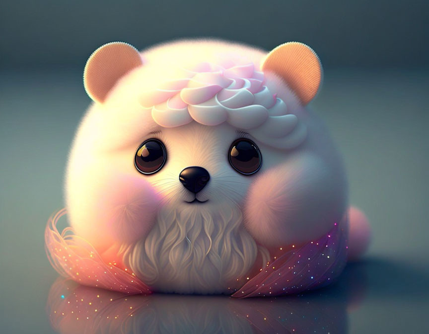 Fluffy spherical cartoon animal with butterfly wings and pink flower