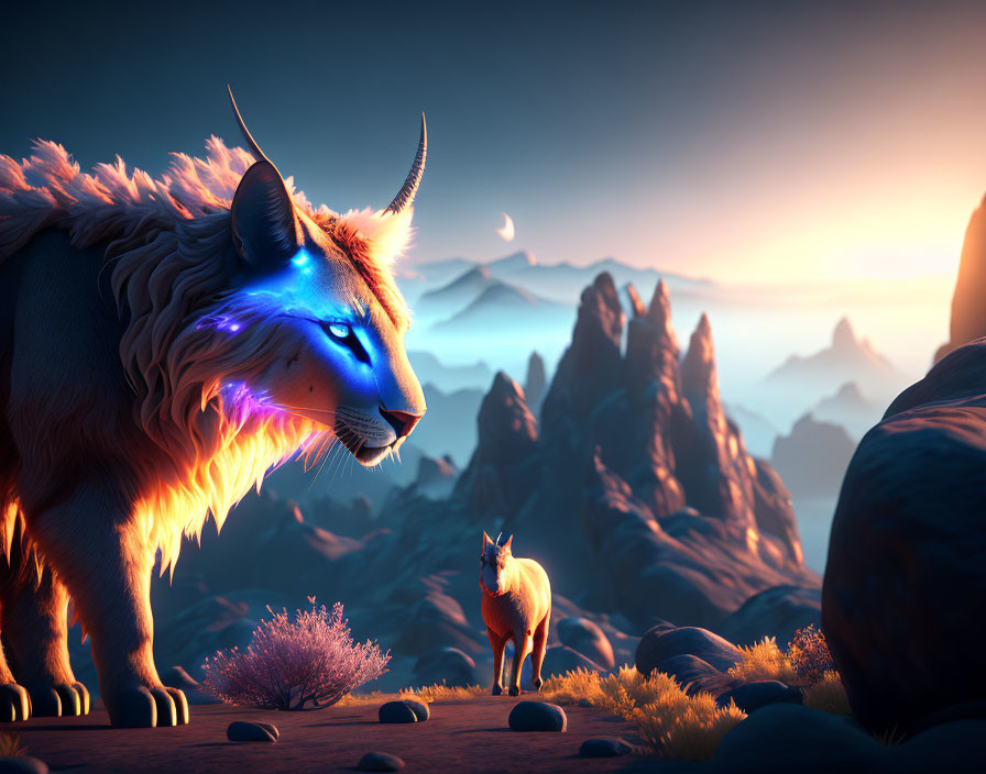 Glowing blue lynx on rocky terrain at dusk with smaller lynx and mountain backdrop