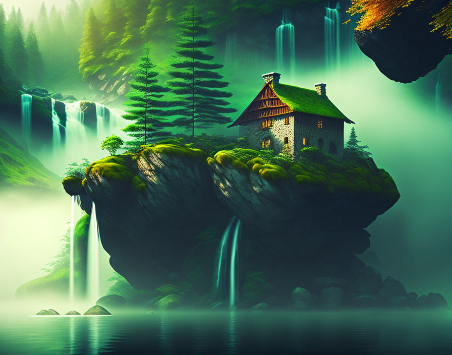 Mystical house on rock with waterfalls, trees, foggy green forest