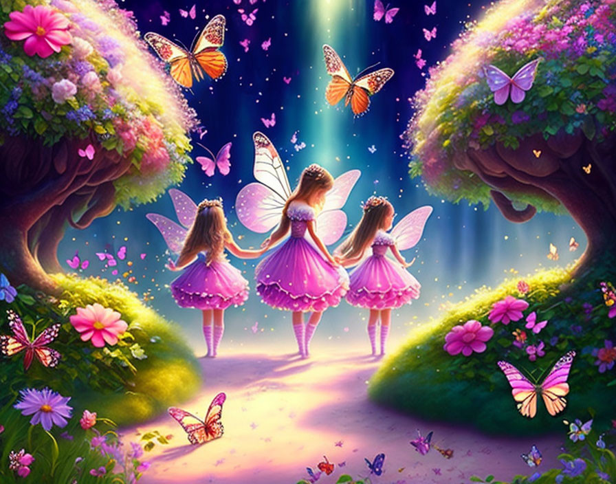 Animated fairy characters in pink dresses walking in mystical forest.