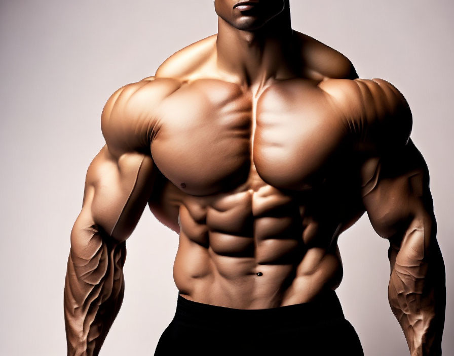 Muscular individual showcasing defined chest, abs, and arms.