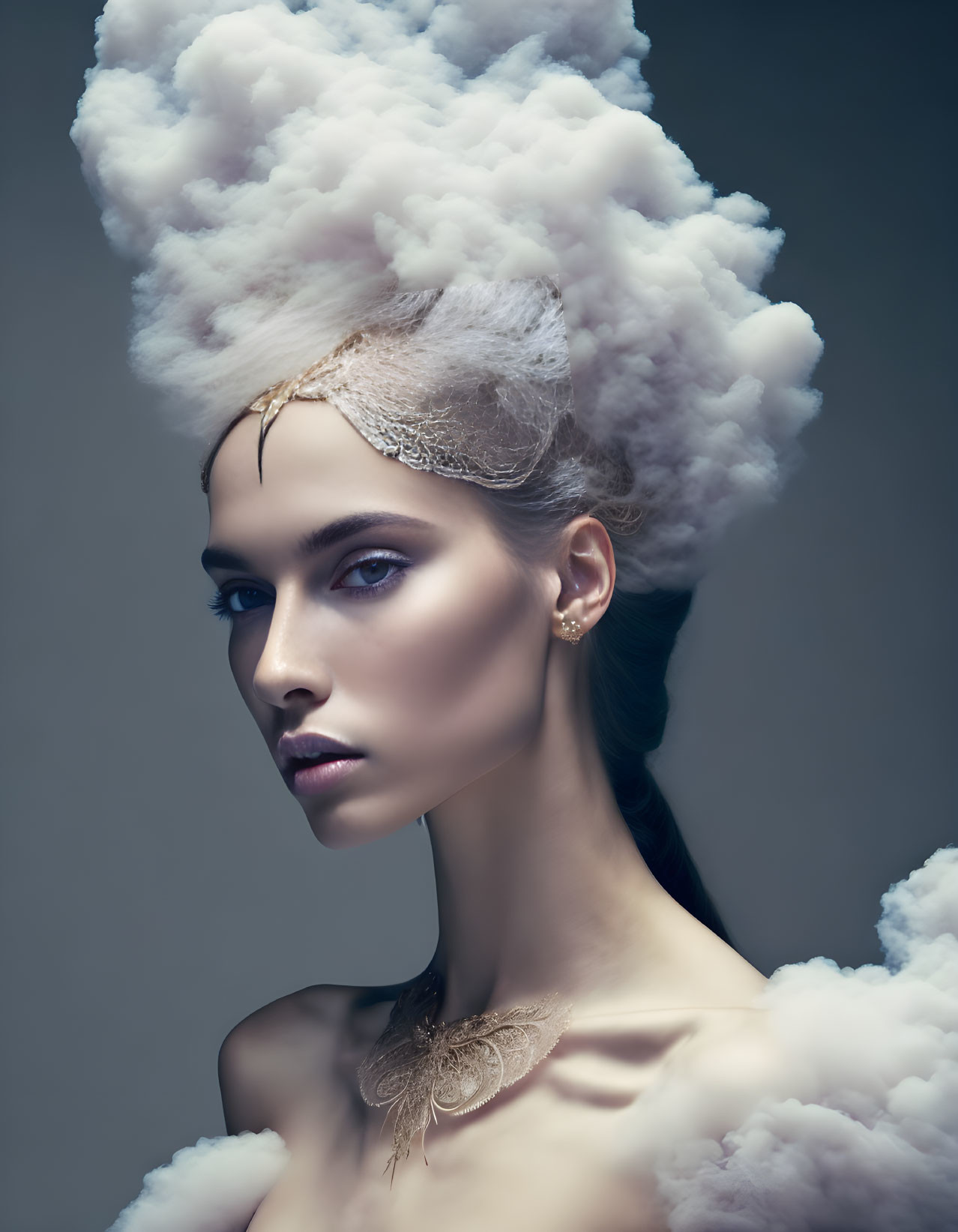 Woman with cloud-like hair in white dress and accessories