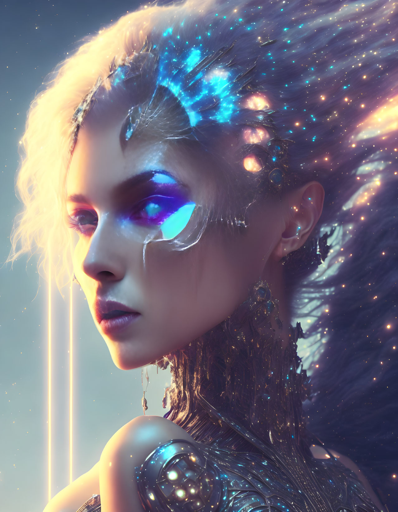 Futuristic woman with glowing blue eyes and star-like particles in her hair