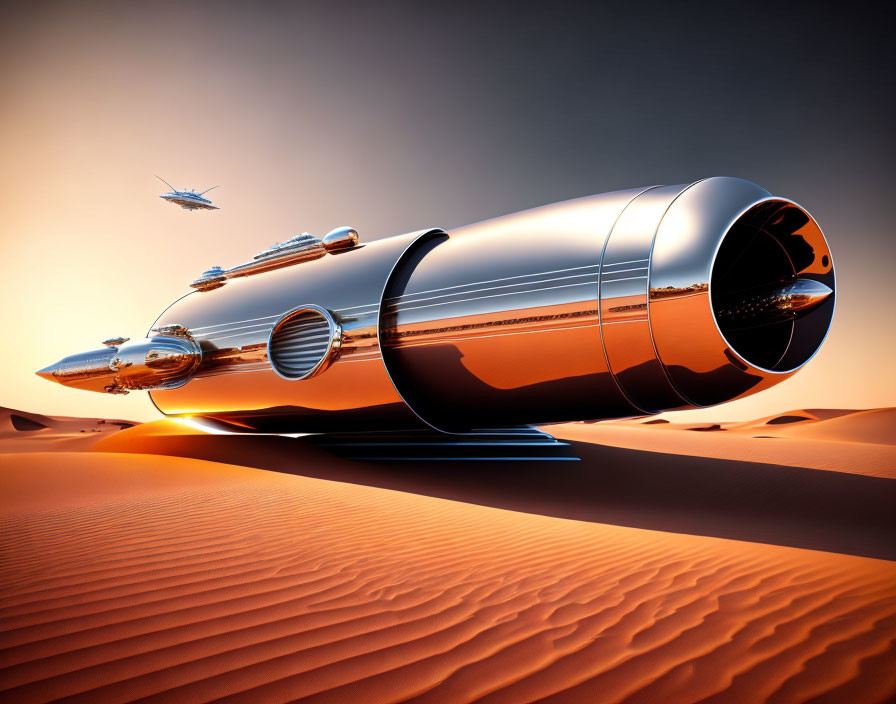 Sleek futuristic spacecraft on desert with dunes and flying ships