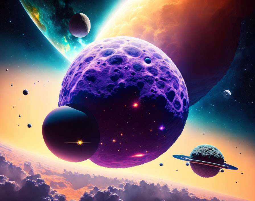 Colorful digital space artwork: large purple planet, craters, celestial bodies, orange nebula.
