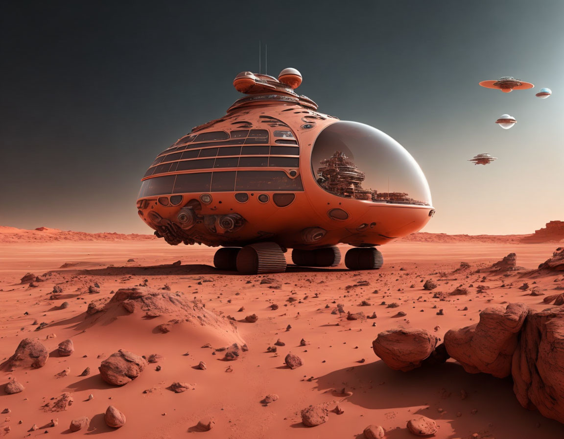 Dome-shaped structure on Mars with flying vehicles in rocky terrain